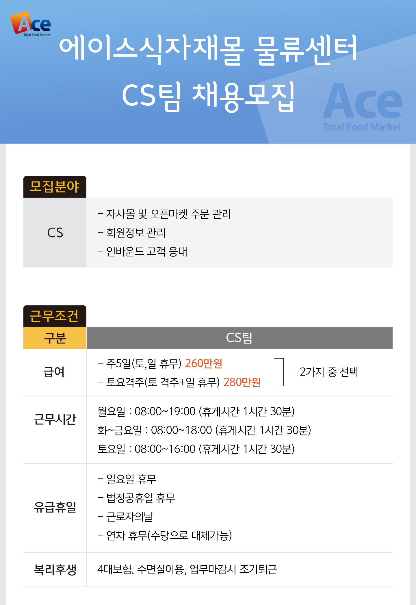 [(주)에이스식자재할인마트] [에이스식자재몰] 온라인쇼핑몰 CS직원 채용(주말,공휴일휴무) - 사람인